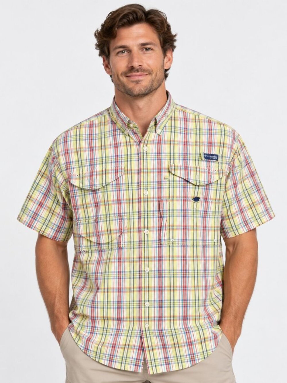 Columbia Men PFG Super Bonehead Multicolor Plaid Short Sleeve Camp Shirt Size XL